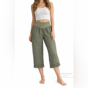 Alessia Pacini Olive Linen-Feel Cropped Pants Size S Boho Capri